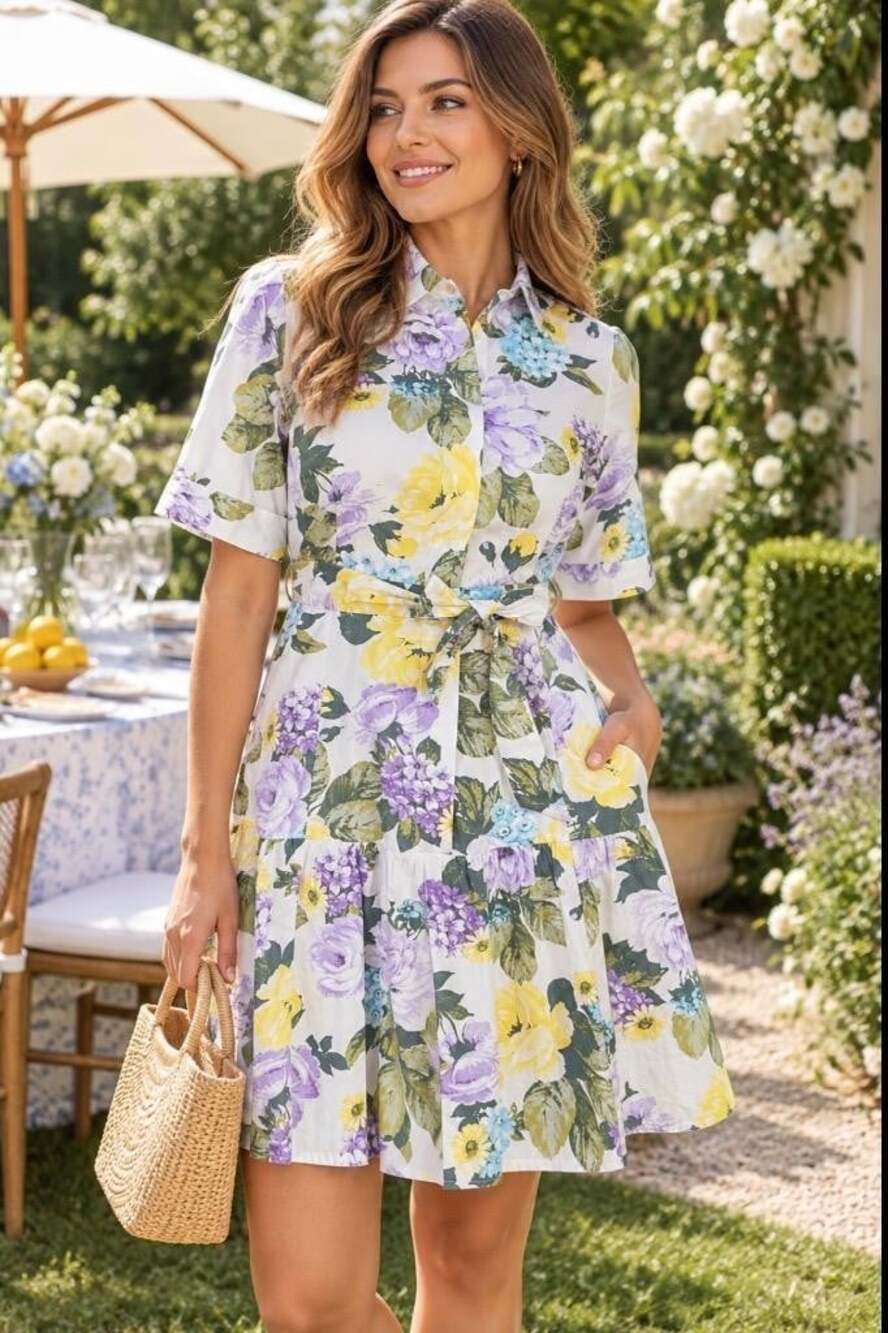 Calvin Klein Shirt Dress Womens 10 Ivory Watercolor Floral Flounce Pockets NEW